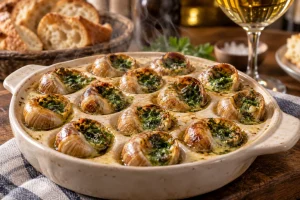 Coquilles d'escargots surgelés cuites au four avec beurre persillé frémissant dans un plat à alvéoles