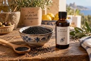 Bol de graines de nigelle noires et flacon d'huile sur table en bois, ambiance cuisine méditerranéenne