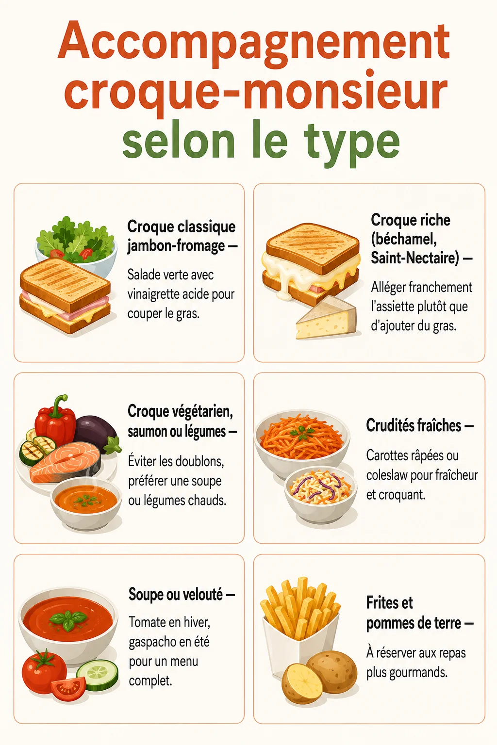 Accompagnement croque-monsieur selon le type : Croque classique jambon-fromage, Croque riche (béchamel, Saint-Nectaire), Croque végétarien, saumon ou légumes, Crudités fraîches, Soupe ou velouté, Frites et pommes de terre