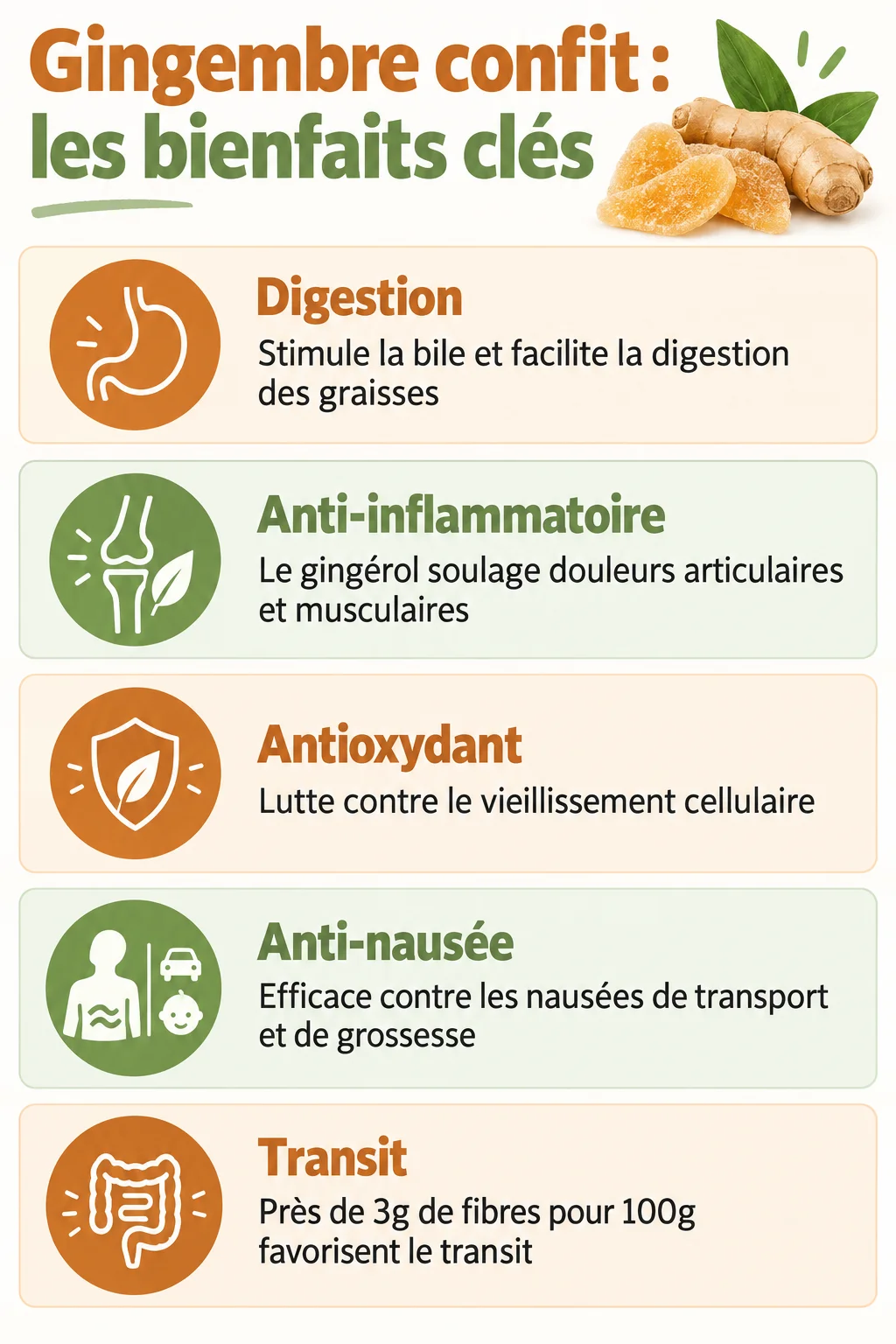 Gingembre confit : les bienfaits clés : Digestion, Anti-inflammatoire, Antioxydant, Anti-nausée, Transit