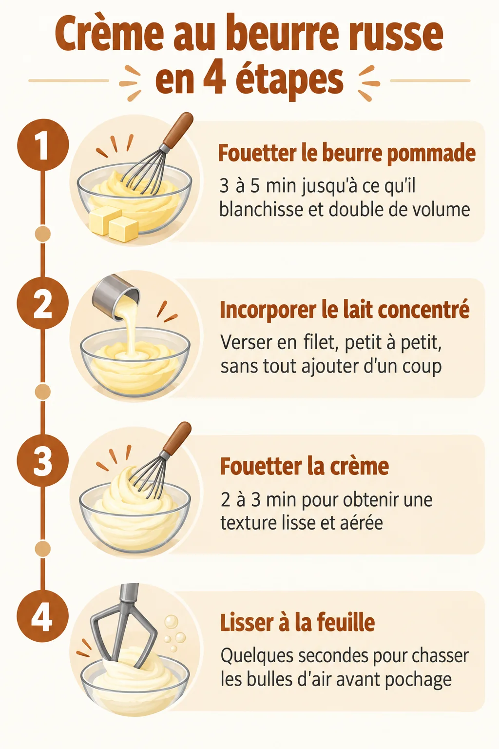 Crème au beurre russe en 4 étapes : 1. Fouetter le beurre pommade, 2. Incorporer le lait concentré, 3. Fouetter la crème, 4. Lisser à la feuille