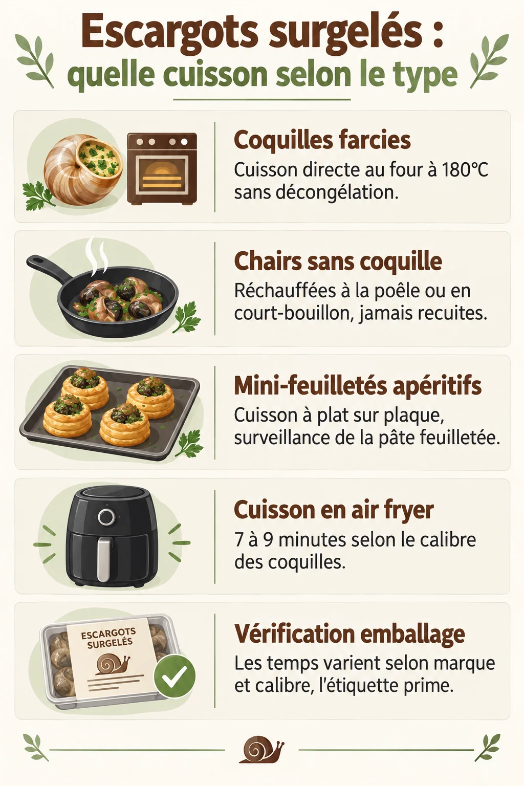 Escargots surgelés : quelle cuisson selon le type : Coquilles farcies, Chairs sans coquille, Mini-feuilletés apéritifs, Cuisson en air fryer, Vérification emballage