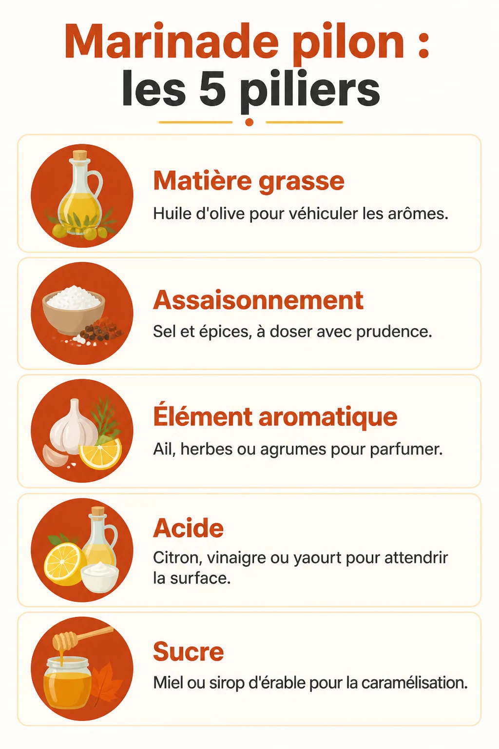 Marinade pilon : les 5 piliers : Matière grasse, Assaisonnement, Élément aromatique, Acide, Sucre