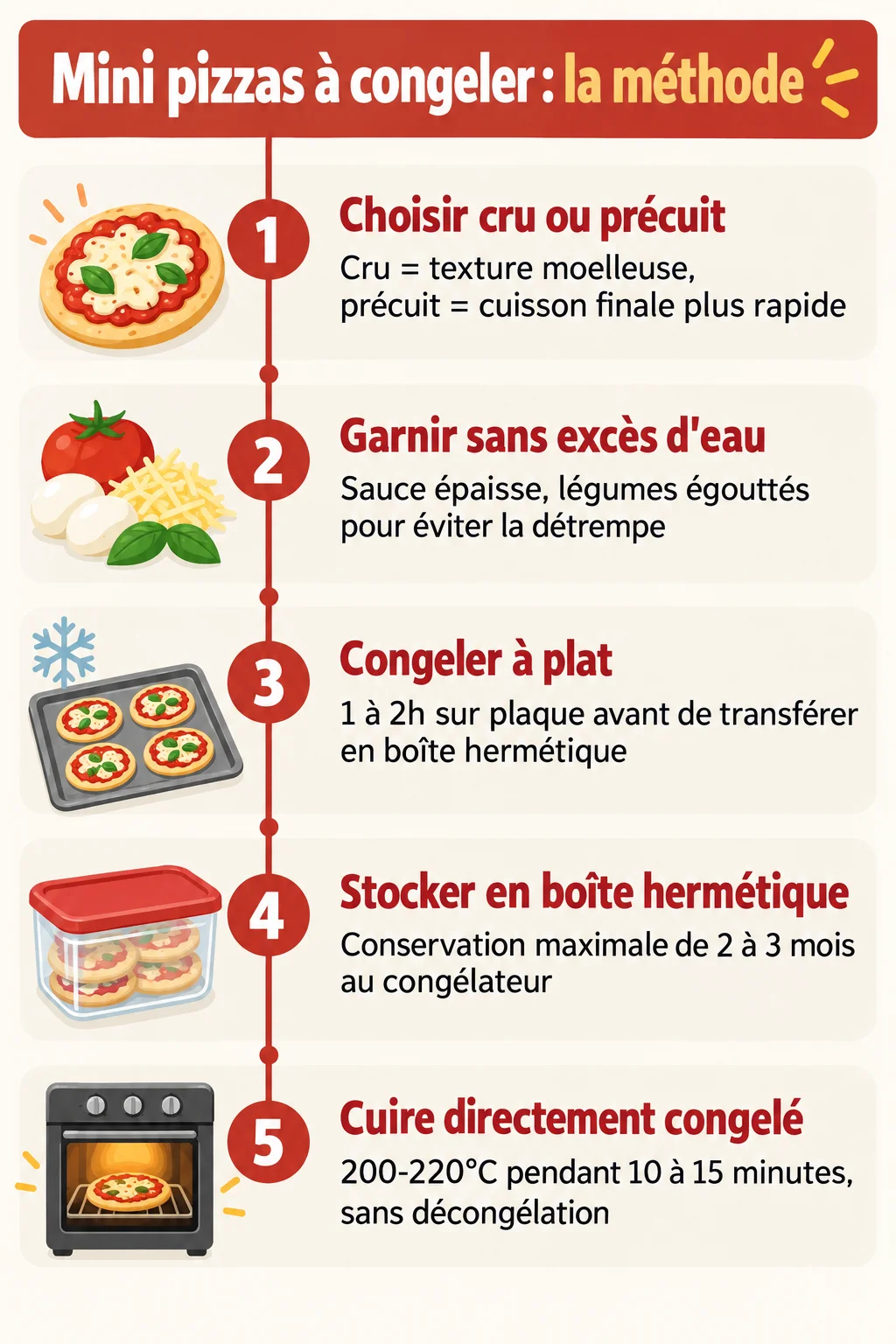 Mini pizzas à congeler : la méthode : 1. Choisir cru ou précuit, 2. Garnir sans excès d'eau, 3. Congeler à plat, 4. Stocker en boîte hermétique, 5. Cuire directement congelé