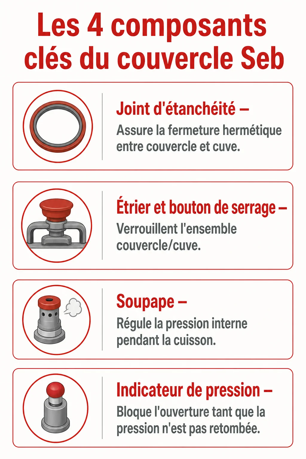 Les 4 composants clés du couvercle Seb : Joint d'étanchéité, Étrier et bouton de serrage, Soupape, Indicateur de pression