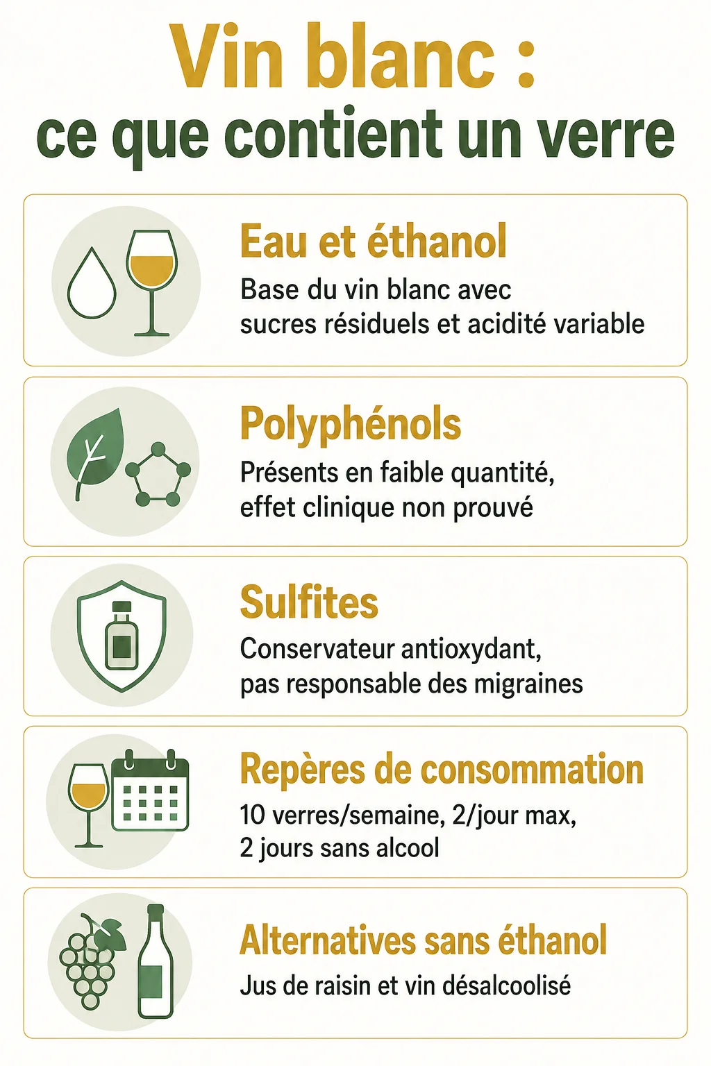 Vin blanc : ce que contient un verre : Eau et éthanol, Polyphénols, Sulfites, Repères de consommation, Alternatives sans éthanol