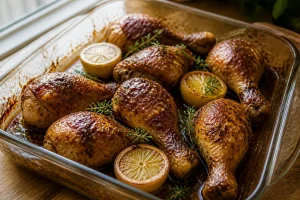 Pilons de poulet marinés au miel et paprika dans un plat en verre avant cuisson
