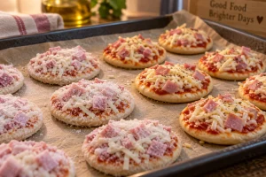 Mini pizzas apéro rondes disposées sur une plaque avant congélation