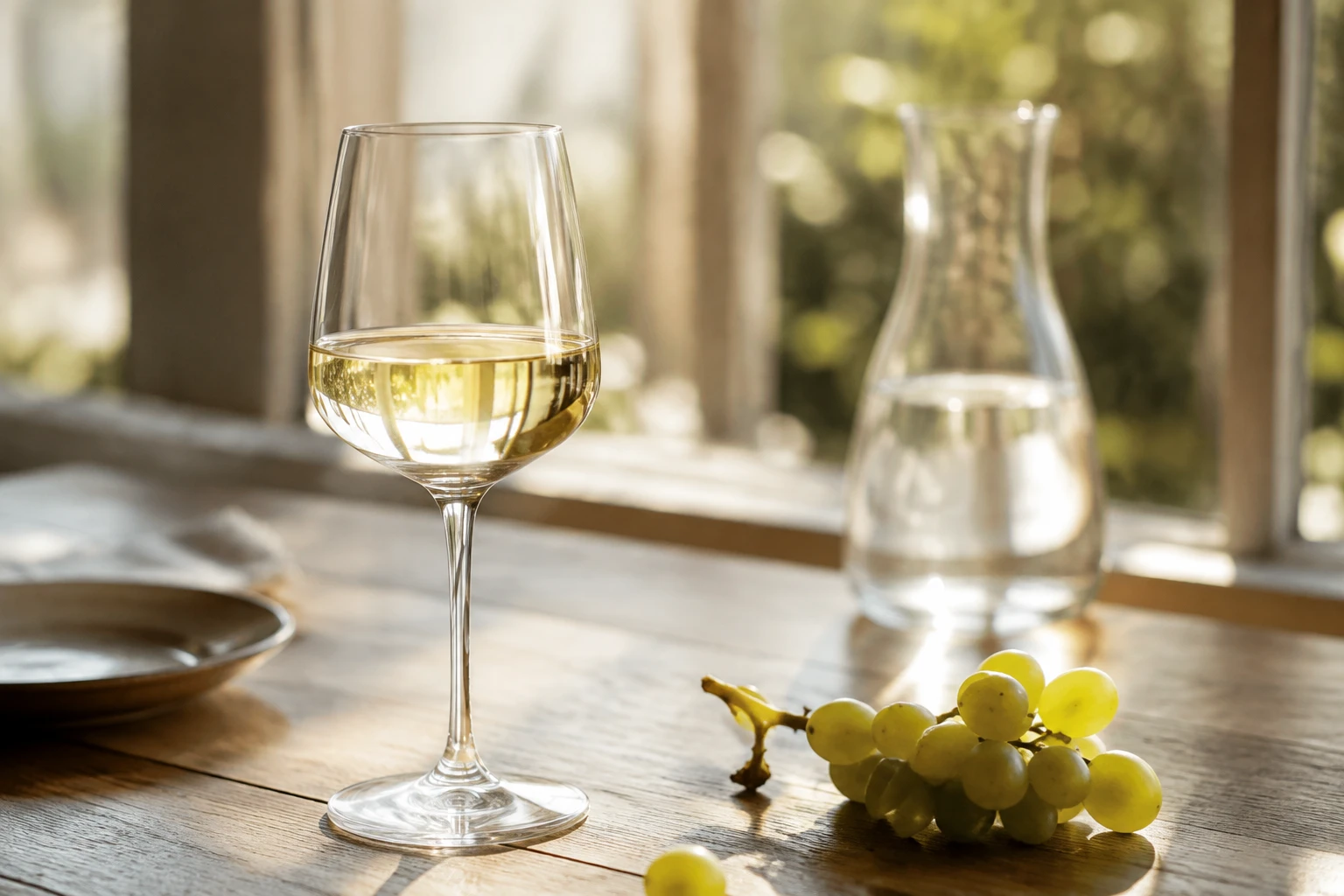 Verre de vin blanc sec sur une table en bois avec grains de raisin et carafe d'eau en arrière-plan