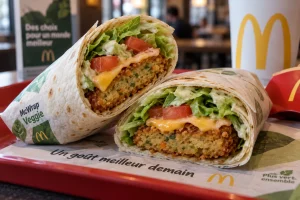 Wrap veggie McDonald's coupé en deux montrant sa garniture de légumes panés, salade et tomates